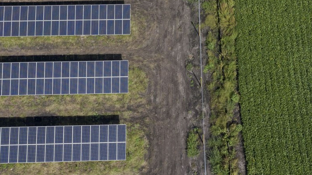 Solar Panels And Field Birds Eye View